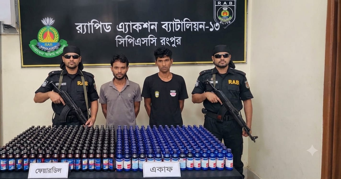 লালমনিরহাটে মাদক ব্যবসায়ীর বাড়িতে জব্দ করা কাশির সিরাপের বোতল