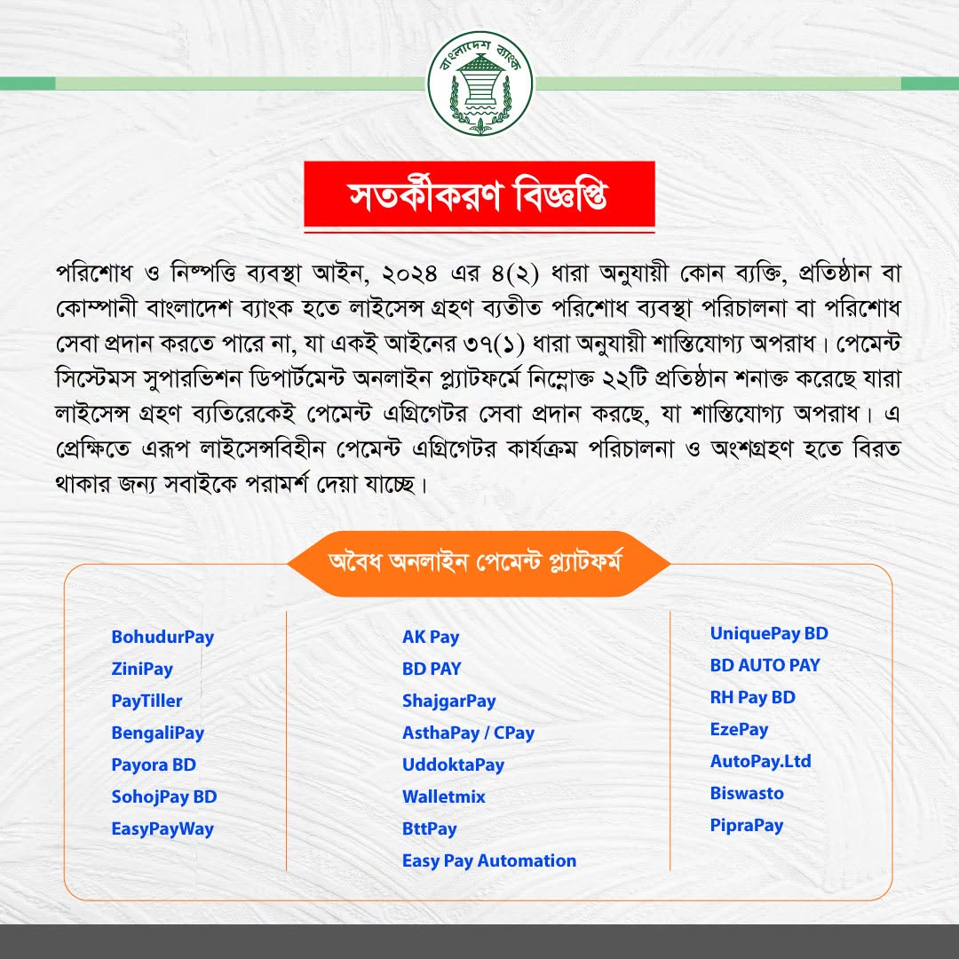 লাইসেন্সবিহীন ২২ পেমেন্ট প্ল্যাটফর্মে সতর্কতা সংক্রান্ত বাংলাদেশ ব্যাংকের বিজ্ঞপ্তি